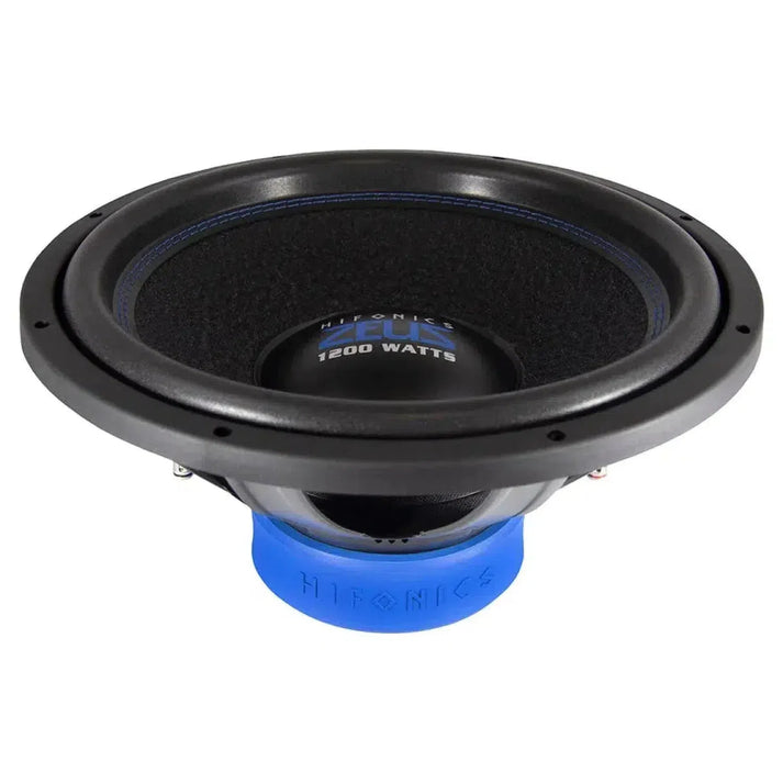 A black and blue Hifonics Zeus ZXS15D2 15 subwoofer 600W RMS, 1200W printed on center is shown at an angle against a white background.