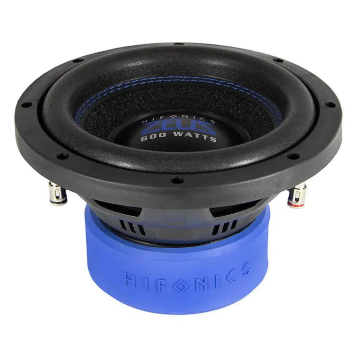 A black and blue Hifonics Zeus ZXS8D2 8” subwoofer with dual voice coil, angled view showing brand name and 300W RMS on the center.
