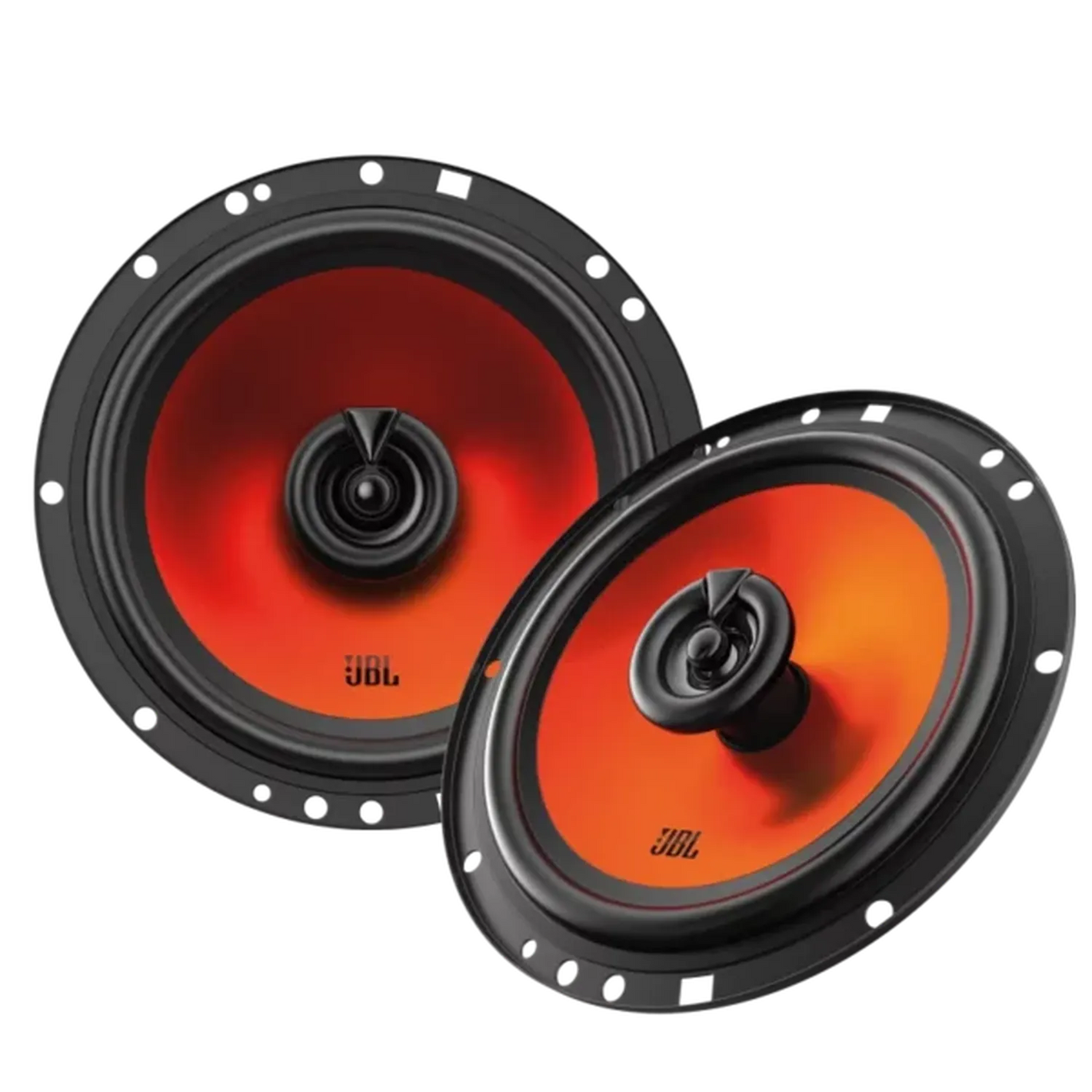 Two JBL STAGE1 62F round coaxial speakers with orange cones and black surrounds, displayed at an angle on a white background.