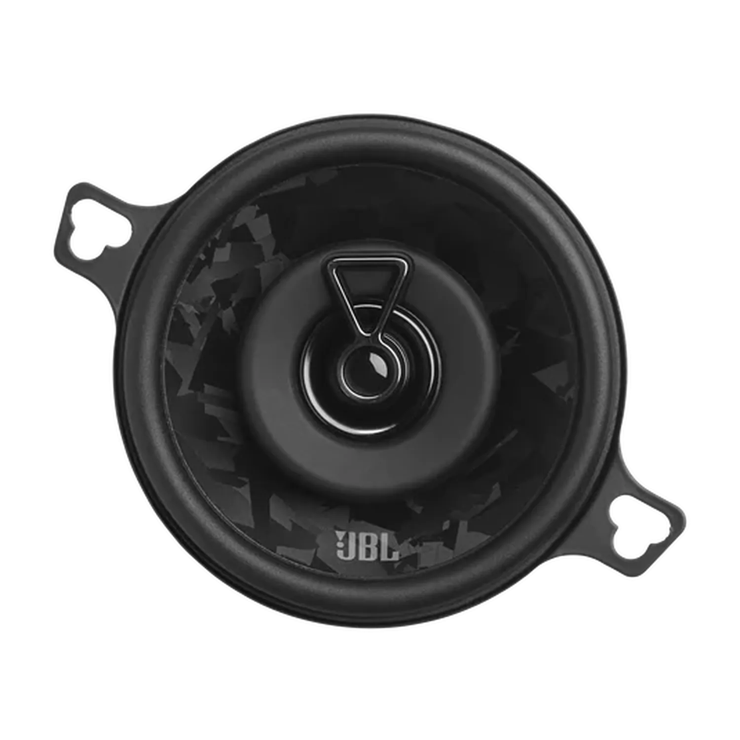 Le haut-parleur coaxial rond pour voiture JBL STAGE3 38F, de couleur noire, est doté de la technologie Plus-One, de deux pattes de fixation, dun tweeter central et dune membrane géométrique pour un son amélioré.