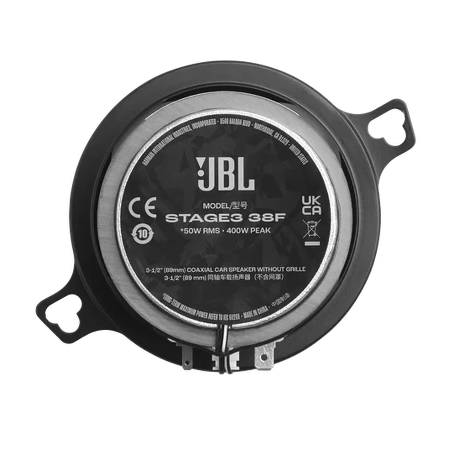 JBL STAGE3 38F Autolautsprecher mit Plus One-Technologie, 50 W RMS/400 W Spitzenleistung, CE-/UKCA-zertifiziert, schwarz/silbernes Zentrum, Anschlüsse an der Unterseite – der perfekte Koaxial-Lautsprecher für Ihr Auto.