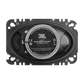 Ein schwarzer JBL STAGE3 648F-Autolautsprecher, von hinten gesehen, mit Etikett, Anschlussklemmen und Befestigungsrahmen.