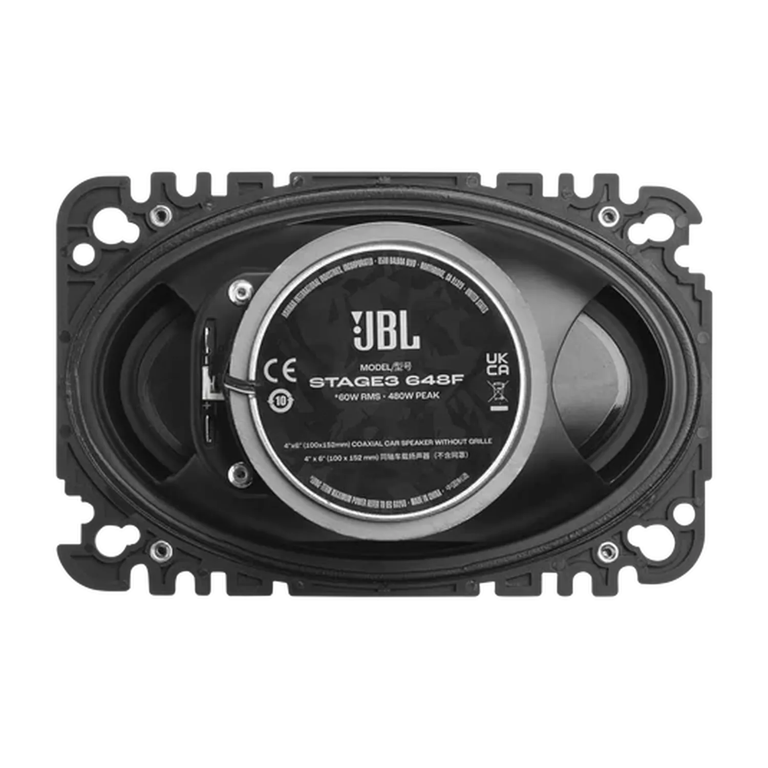 Ein schwarzer JBL STAGE3 648F-Autolautsprecher, von hinten gesehen, mit Etikett, Anschlussklemmen und Befestigungsrahmen.
