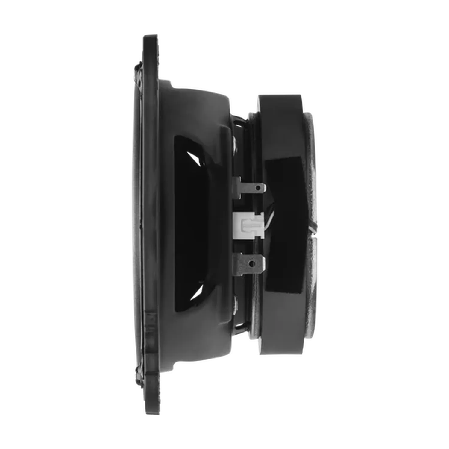 Seitenansicht eines JBL STAGE3 648F-Lautsprechers mit sichtbaren Anschlussklemmen, montiert auf einem weißen Hintergrund.