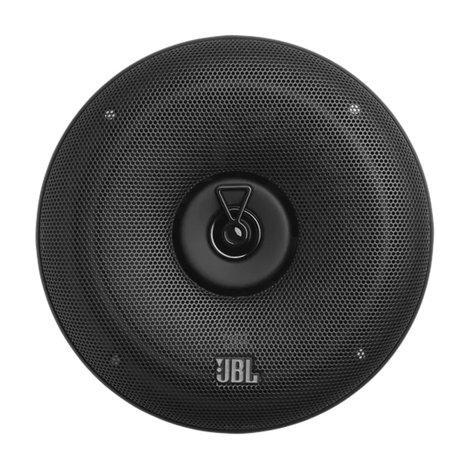 Runder schwarzer JBL STAGE3 68 Koaxial-Lautsprecher mit Gitter und erhabener Zierleiste in der Mitte, Logo unten, von oben gesehen. Liefert kraftvollen Sound.