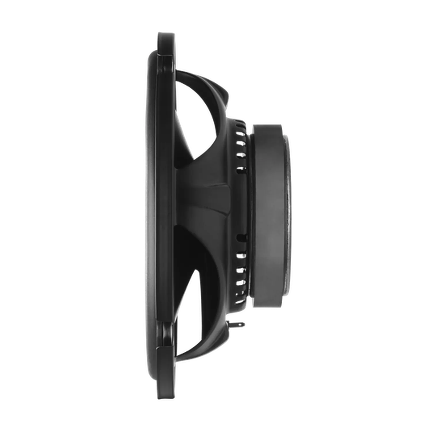 Seitenansicht eines JBL STAGE3 68C-Treibers mit Rahmen, Membran und Magnet vor weißem Hintergrund.