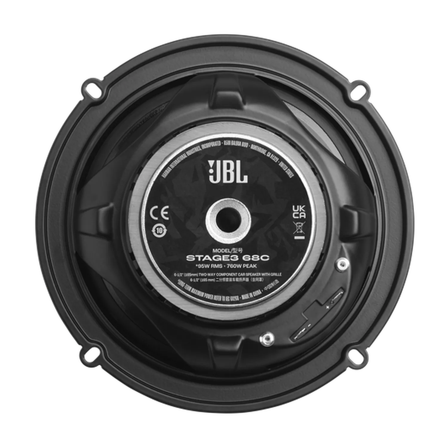 Rückansicht des runden schwarzen JBL STAGE3 68C-Lautsprechers mit Modellangaben, technischen Daten und Zertifizierungslogos auf dem Etikett in der Mitte.