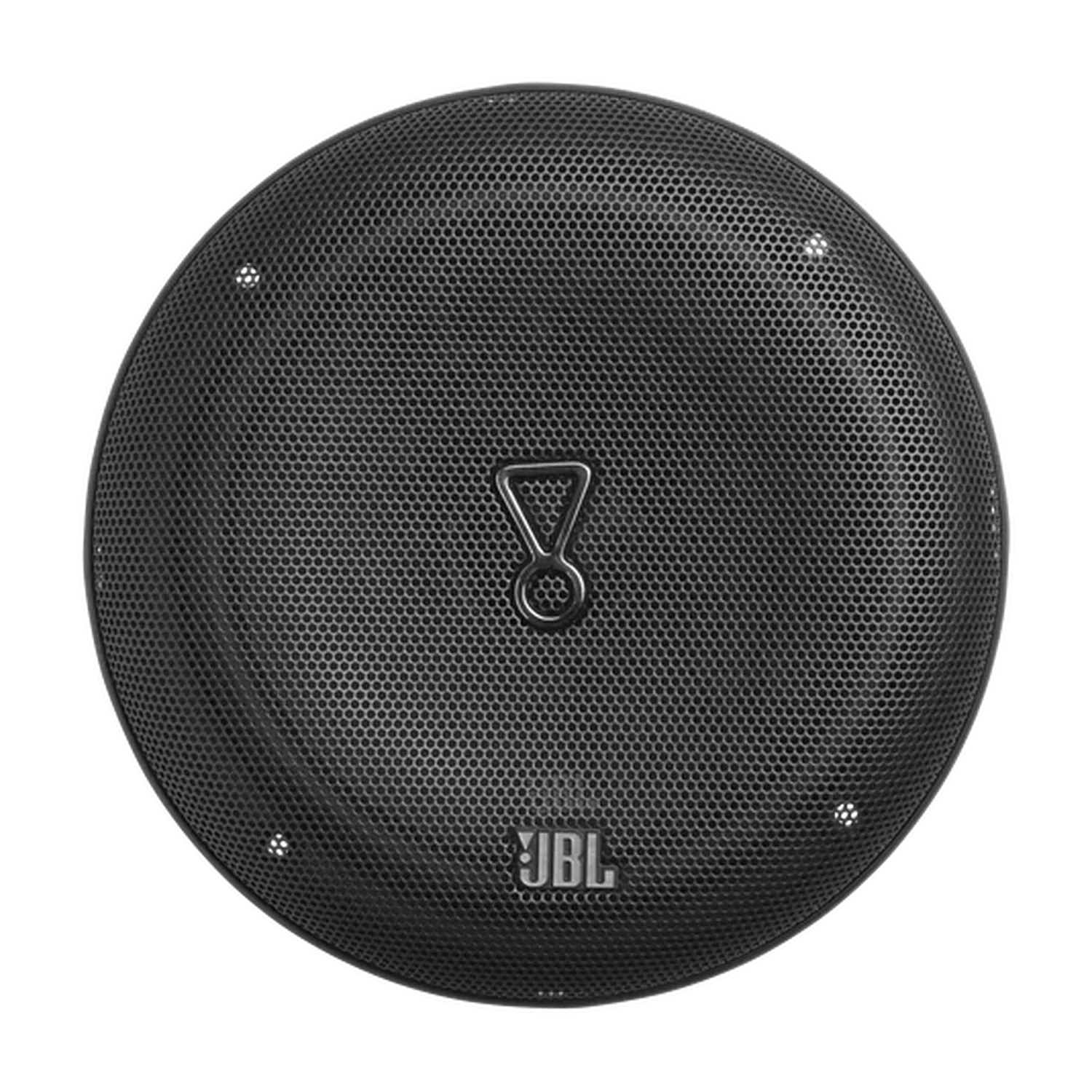Une enceinte JBL STAGE3 68C noire et ronde est dotée dune grille, de quatre vis et dun petit logo JBL situé en bas au centre.