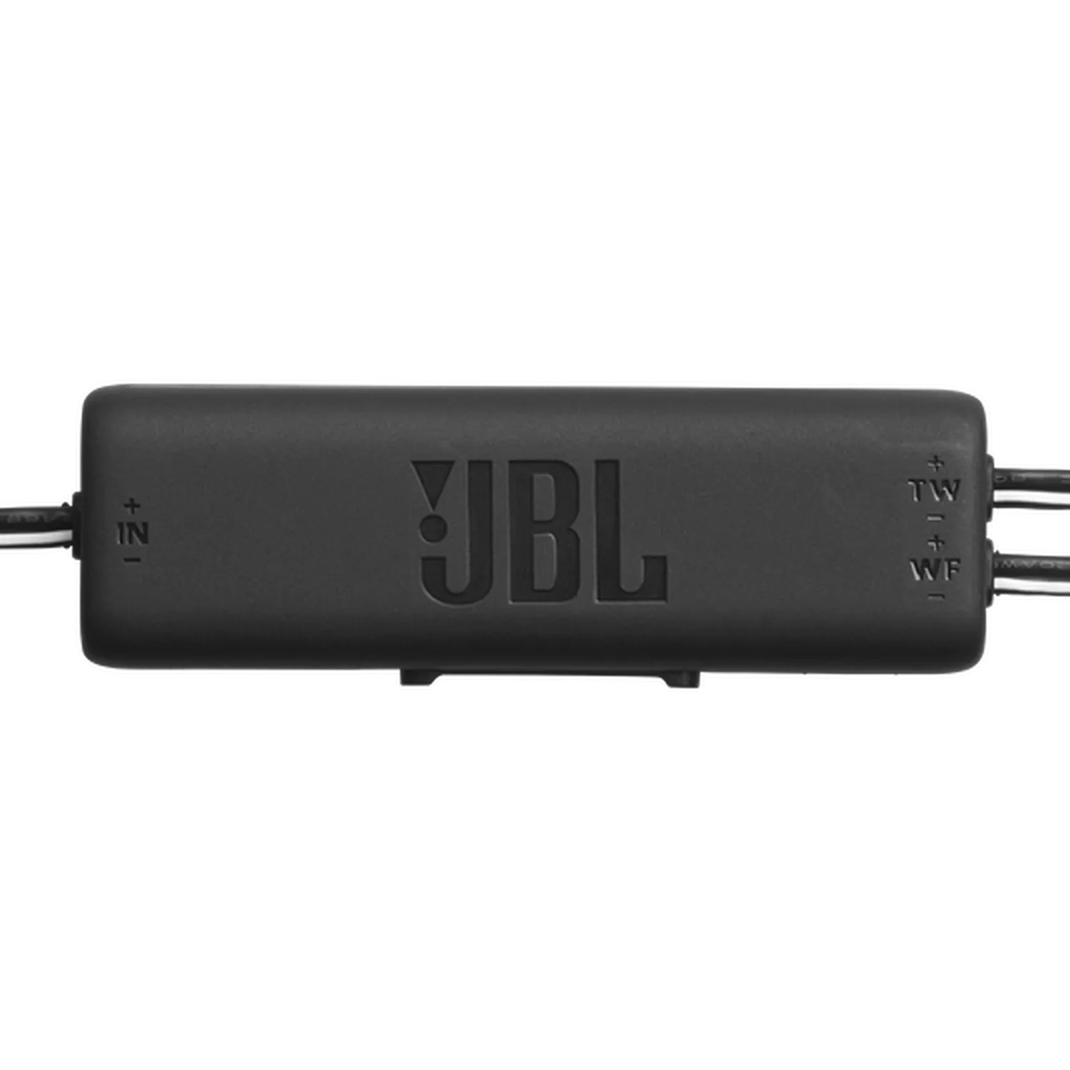 Schwarze, rechteckige JBL STAGE3 68C-Audiokomponente von JBL mit beschrifteten Ein- und Ausgangskabeln, ideal für 2-Wege-Autolautsprecheranlagen, von oben gesehen.