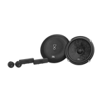 JBL STAGE3 68C: zwei runde Lautsprecher, zwei Hochtöner und zwei rechteckige Frequenzweichen in elegantem Schwarz.