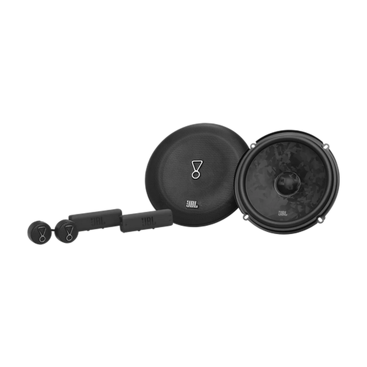 JBL STAGE3 68C: zwei runde Lautsprecher, zwei Hochtöner und zwei rechteckige Frequenzweichen in elegantem Schwarz.