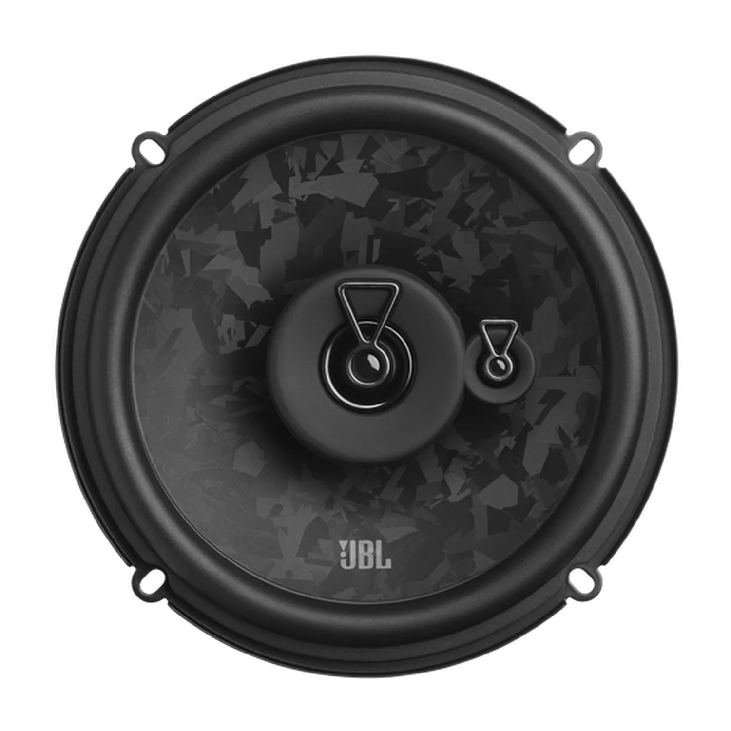 Ein JBL STAGE3 68MF-Autolautsprecher in Schwarz, von oben betrachtet, mit einer gemusterten Membran und zwei metallischen Hochtönern in der Mitte.