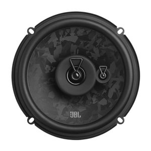 Ein JBL STAGE3 68MF-Autolautsprecher in Schwarz, von oben betrachtet, mit einer gemusterten Membran und zwei metallischen Hochtönern in der Mitte.