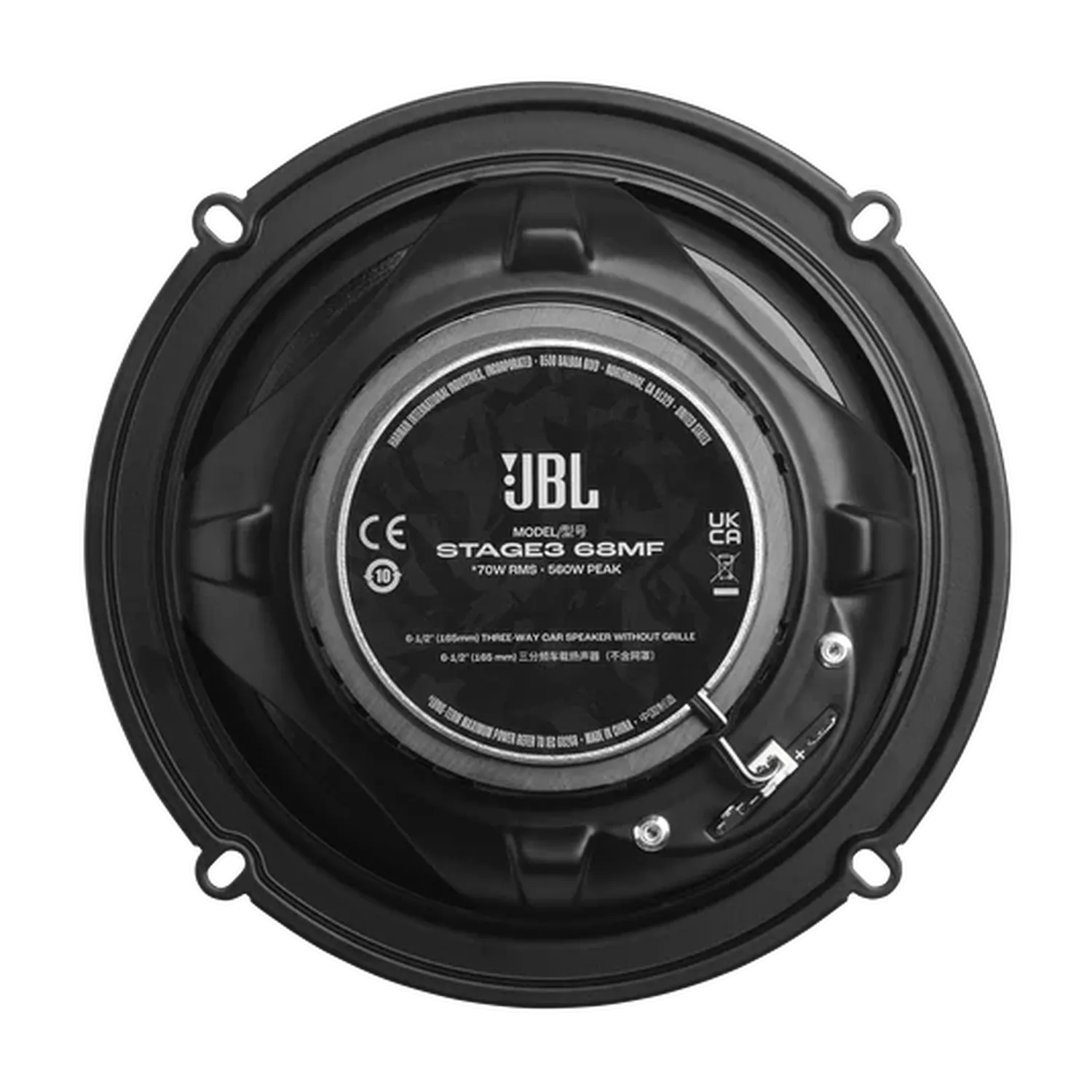 Die Rückansicht des JBL STAGE3 68MF zeigt die Modelldetails, die Anschlussklemmen und die Befestigungslöcher; ein runder 165-mm-Autolautsprecher für erstklassigen Klang.