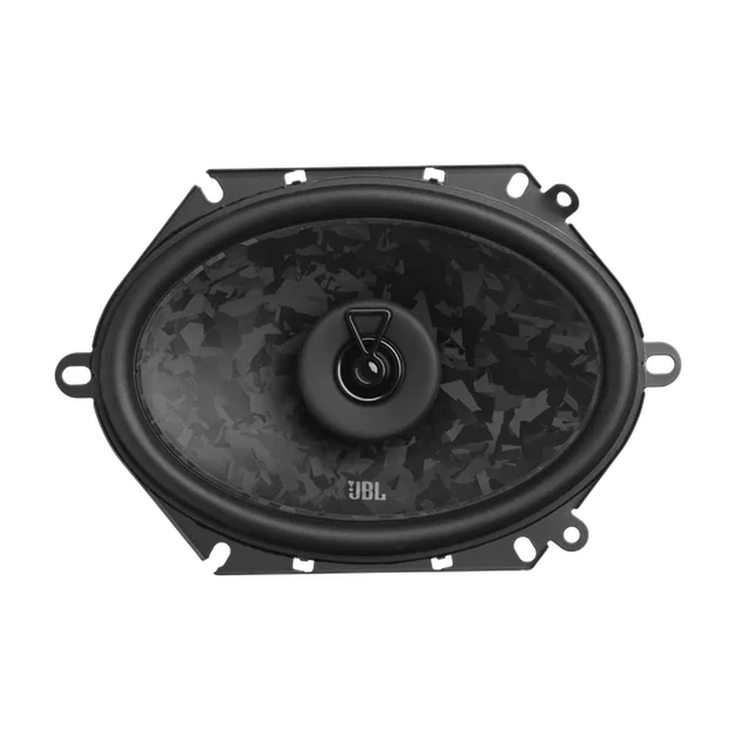 JBL STAGE3 868F – schwarzer, ovaler Autolautsprecher mit zentralem Hochtöner und strukturierter Abdeckung, Ansicht von oben auf weißem Hintergrund.