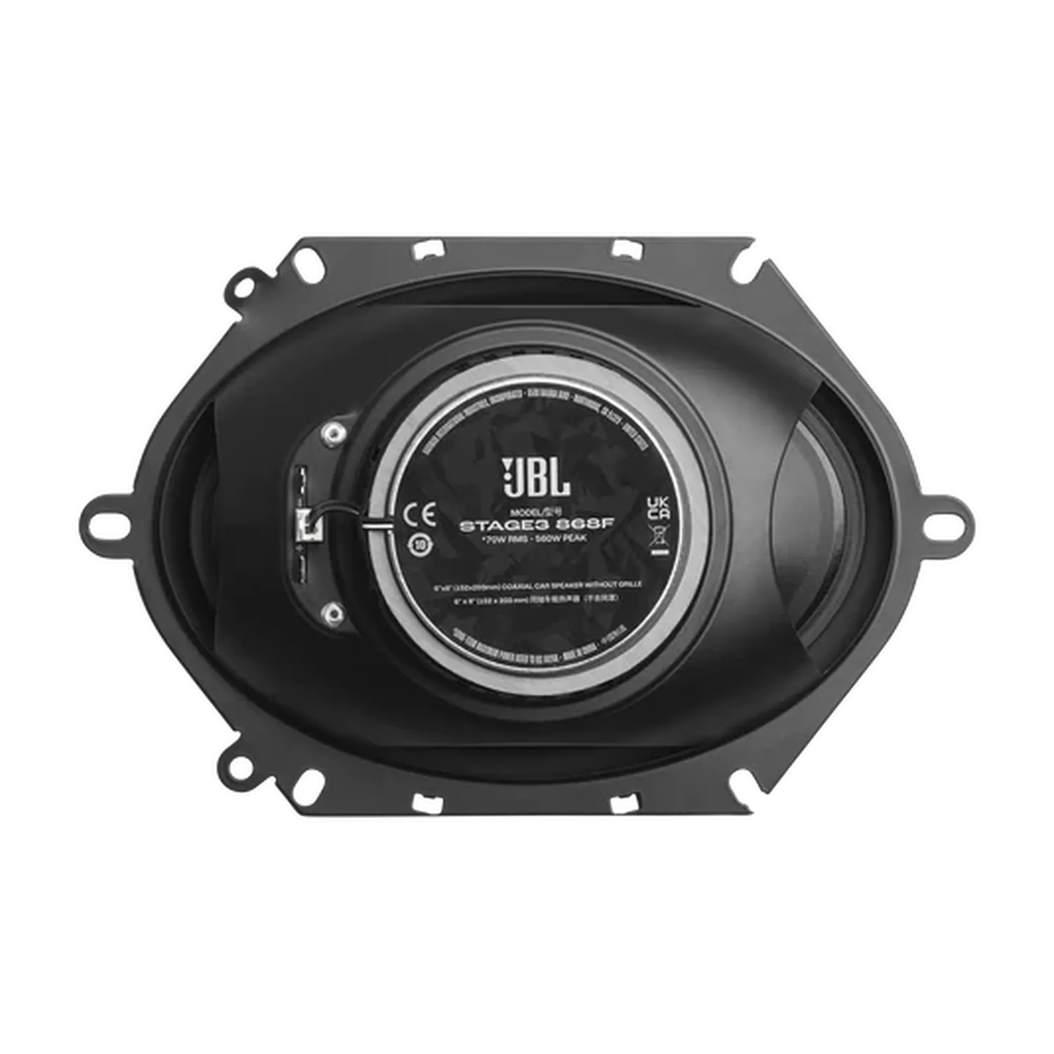 Ein schwarzer JBL-Autolautsprecher, Modell STAGE3 868F, ist von hinten zu sehen, wobei die Anschlussklemmen sichtbar sind.