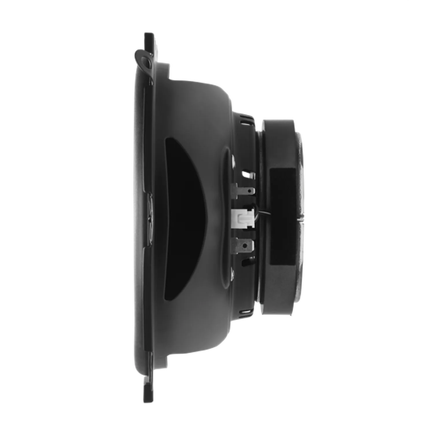 Seitenansicht des JBL STAGE3 868F-Lautsprechertreibers, die dessen Magnet, Rahmen und Anschlussklemmen vor weißem Hintergrund zeigt.