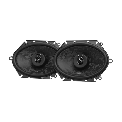 Zwei schwarze, ovale JBL STAGE3 868F-Autolautsprecher mit gemusterter Oberfläche und einem Kreis in der Mitte, nebeneinander auf weißem Hintergrund.
