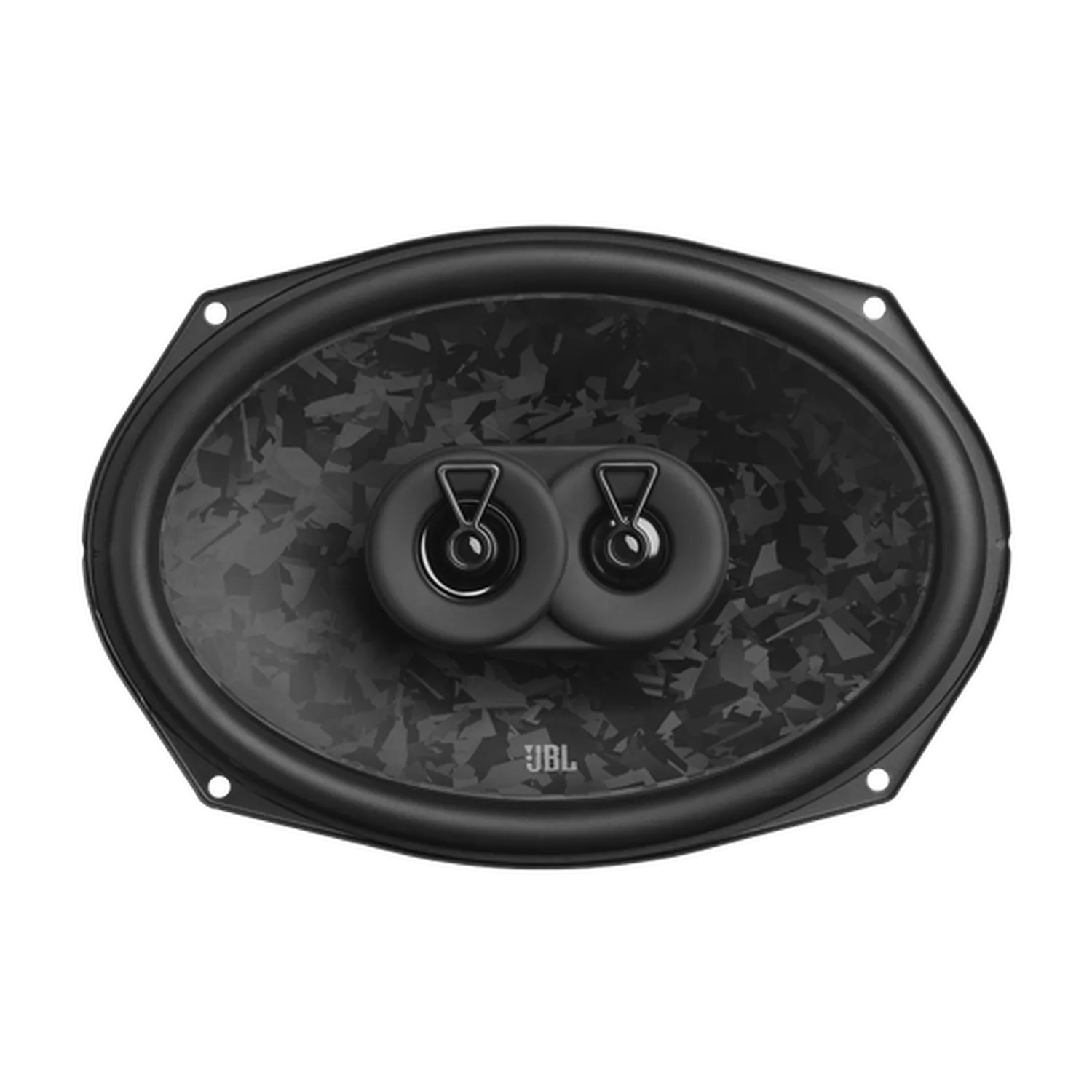 Der JBL STAGE3 968M ist ein schwarzer, ovaler Autolautsprecher mit strukturierter Vorderseite, zwei Hochtönern, einem „Plus One“-Tieftöner und einem dezenten JBL-Logo unten in der Mitte.