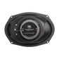 Schwarzer JBL STAGE3 968M Auto-Lautsprecher – Rückansicht, die die „Plus One Woofer“-Technologie, die Anschlussklemmen, die Modellangaben und die Befestigungslöcher am Rand zeigt.
