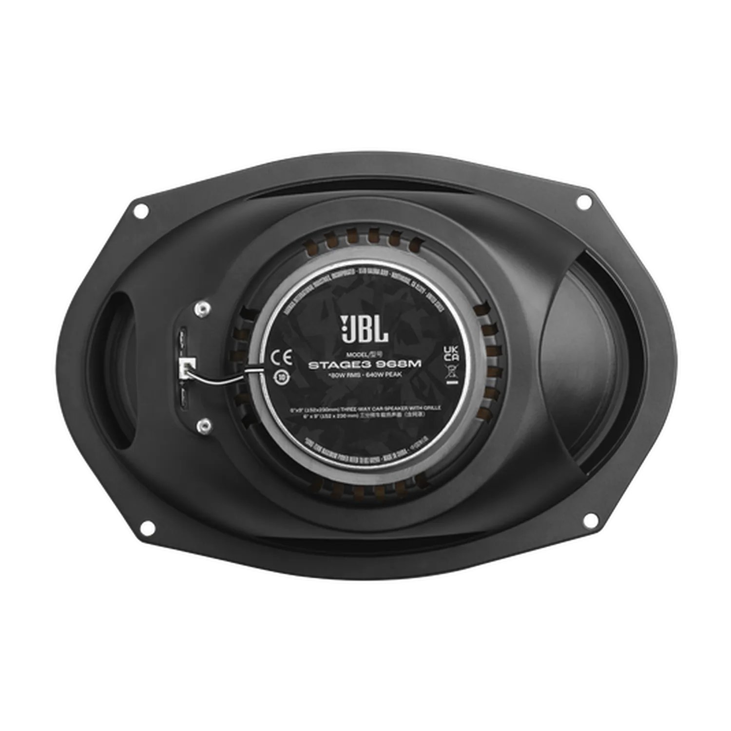 Schwarzer JBL STAGE3 968M Auto-Lautsprecher – Rückansicht, die die „Plus One Woofer“-Technologie, die Anschlussklemmen, die Modellangaben und die Befestigungslöcher am Rand zeigt.