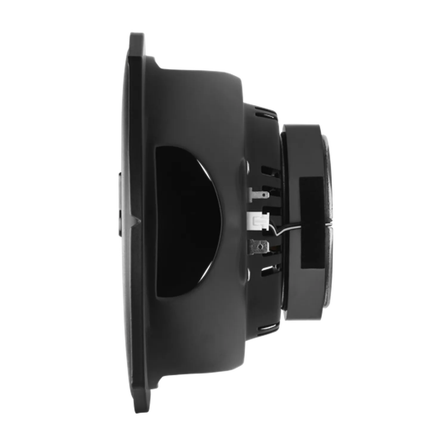 Seitenansicht des JBL STAGE3 968M 3-Wege-Lautsprechers mit sichtbarem Magneten, Verkabelung und „Plus One Woofer“-Technologie vor einem schlichten weißen Hintergrund.