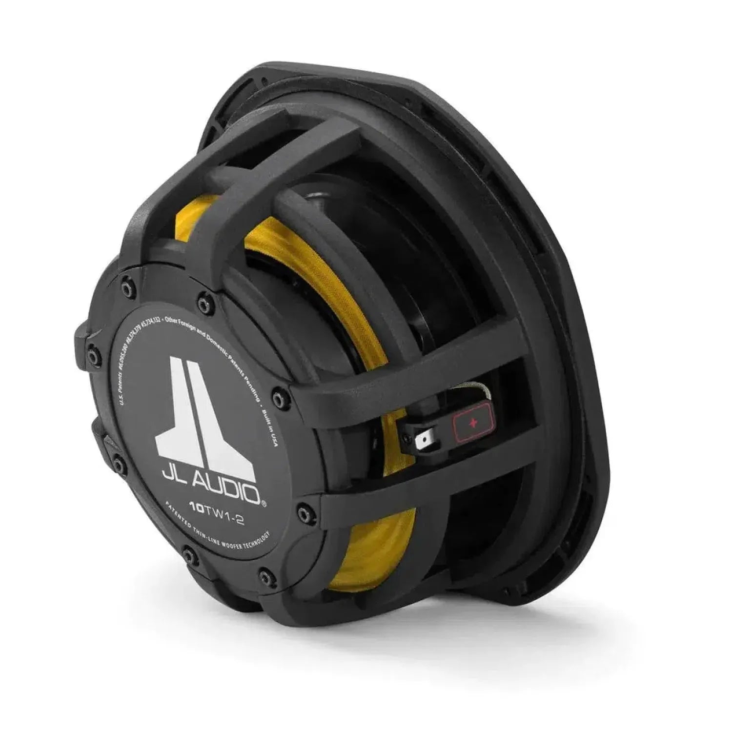 The JL Audio 10TW1-2 is a 10-inch subwoofer with Thin-Line tech, black/yellow design, visible terminals, and metal grille on a white background.