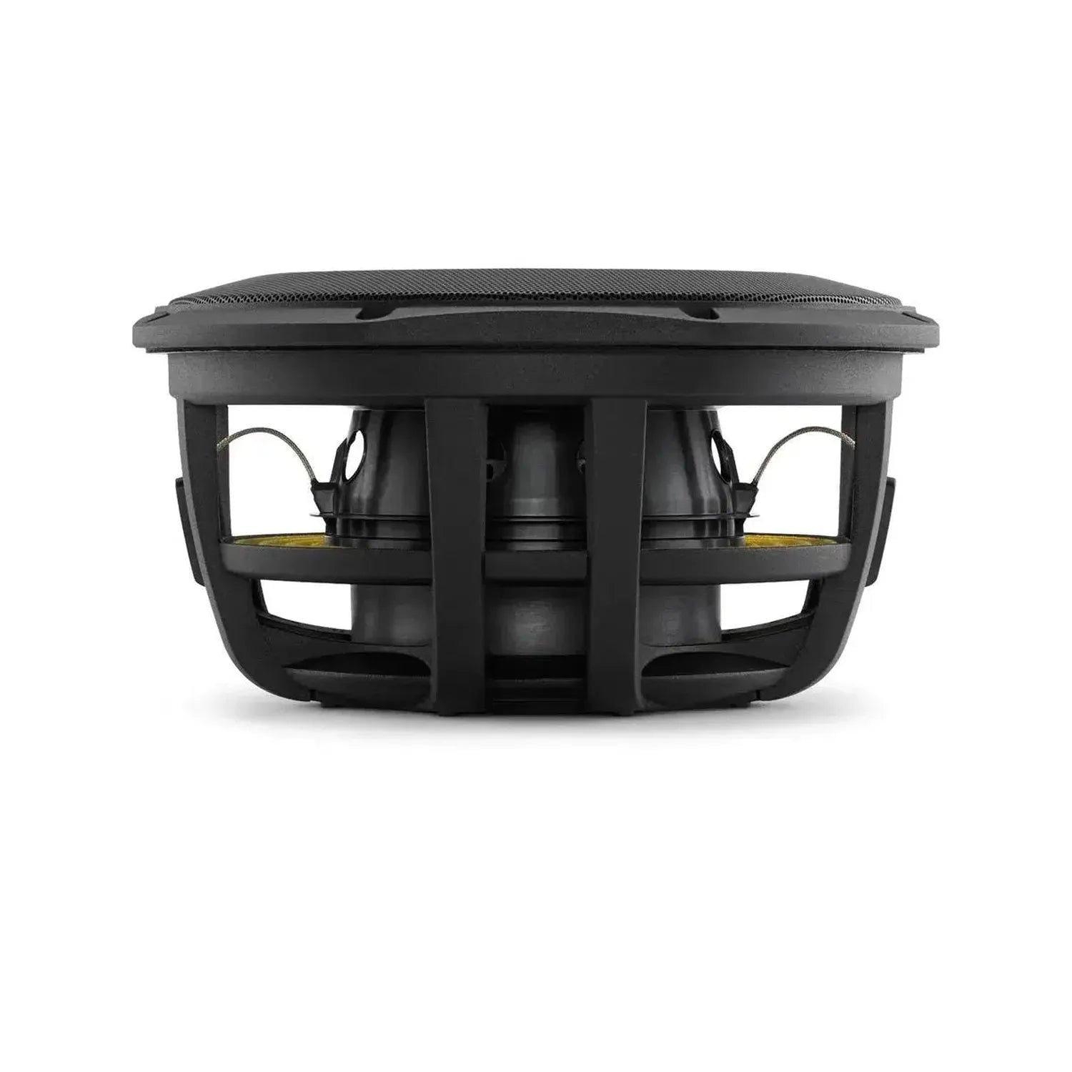 Side view of the JL Audio 10TW1-2 Thin-Line 10 subwoofer with protective grille, open basket frame, and visible inner parts.