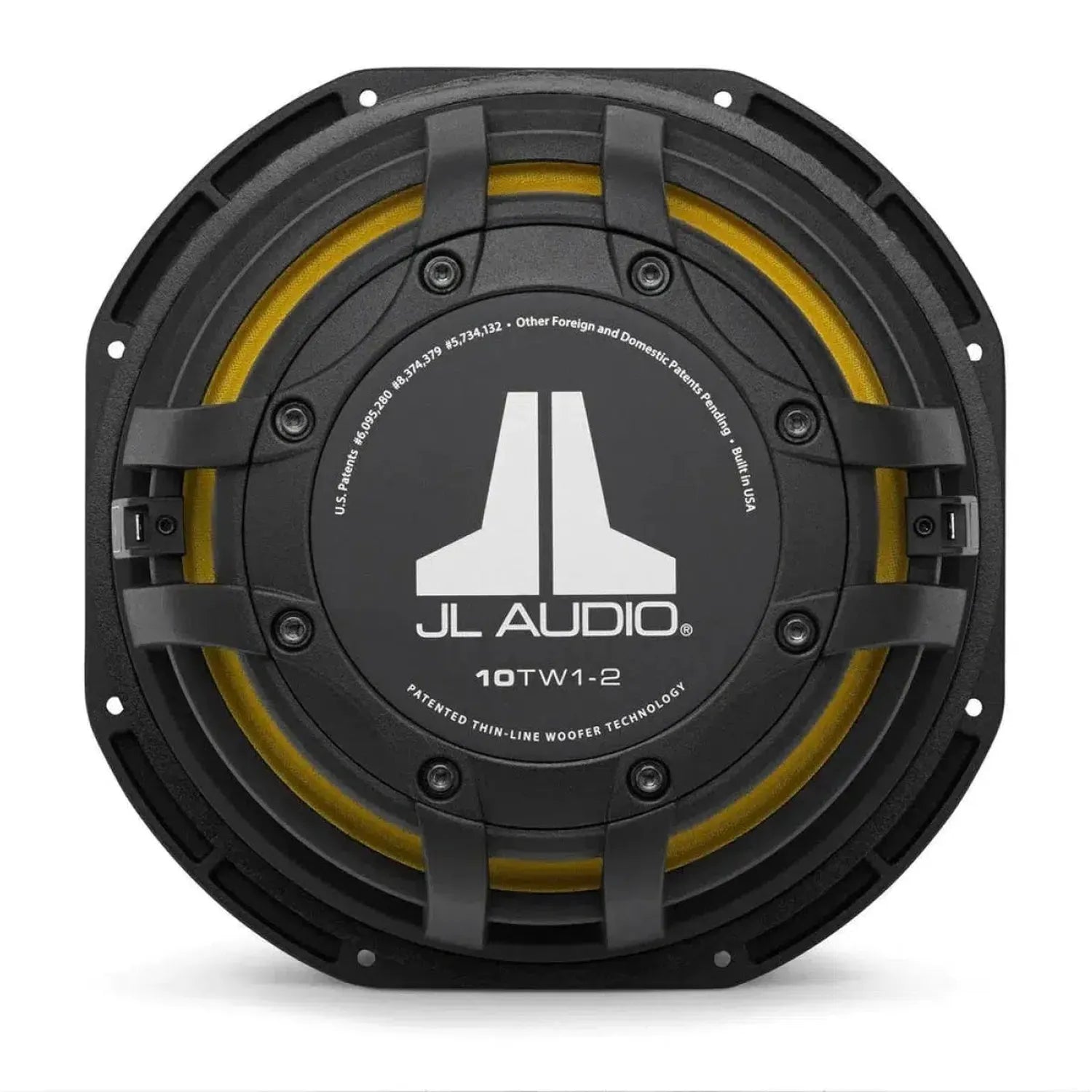 Close-up of a JL Audio 10TW1-2 subwoofer with Thin-Line technology, black frame, yellow inner ring, and JL Audio logo on the cap.