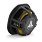 A black JL Audio 10TW1-2 10-inch subwoofer with Thin-Line technology, yellow suspension ring, visible logo, and rear and side wiring terminals.