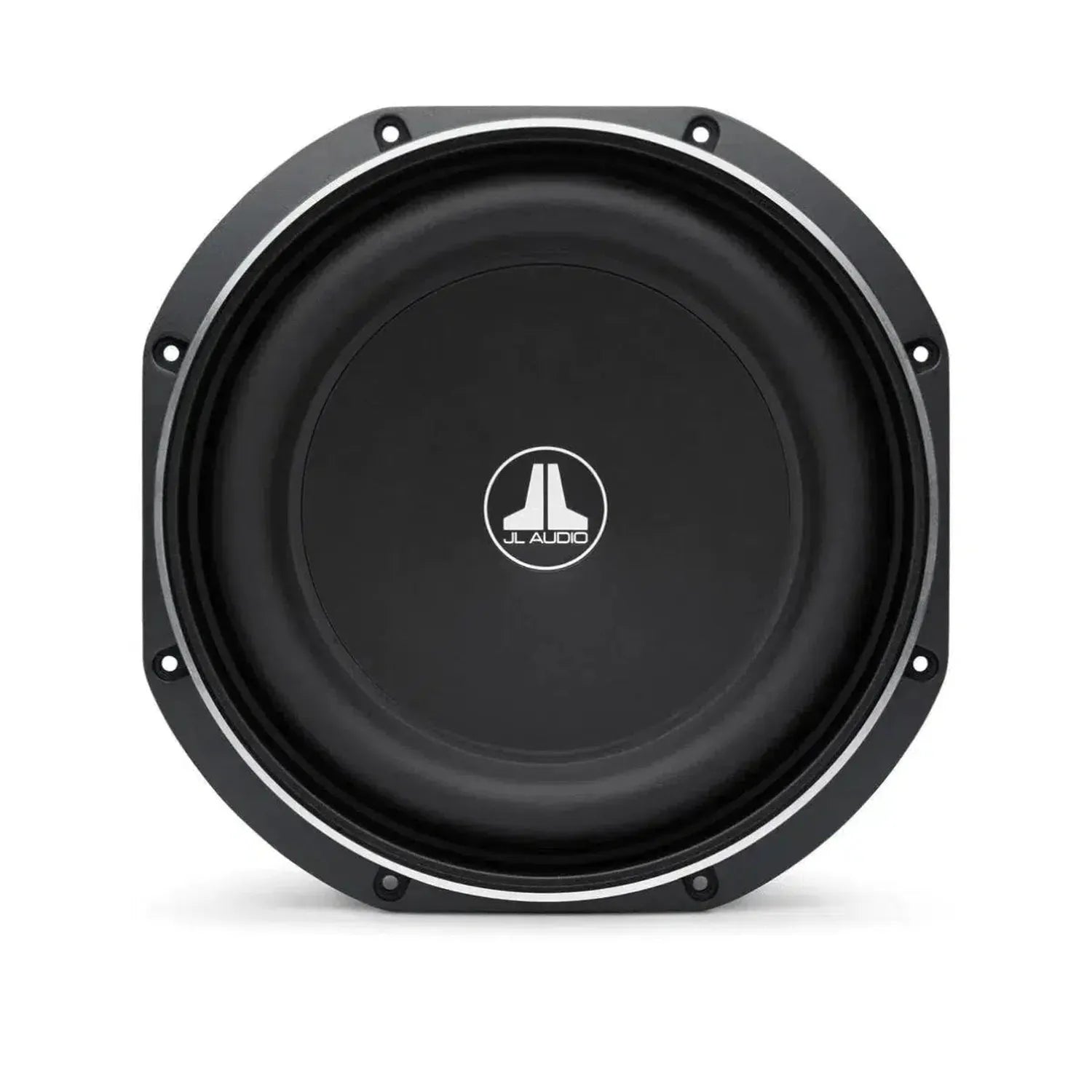 The JL Audio 10TW1-2 is a black, front-viewed 10-inch subwoofer with Thin-Line technology, circular design, silver trim, and a central JL Audio logo.