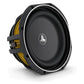 The JL Audio 10TW1-2 is a black 10-inch subwoofer with Thin-Line tech, round silver trim, yellow cone suspension, and JL Audio logo on white.