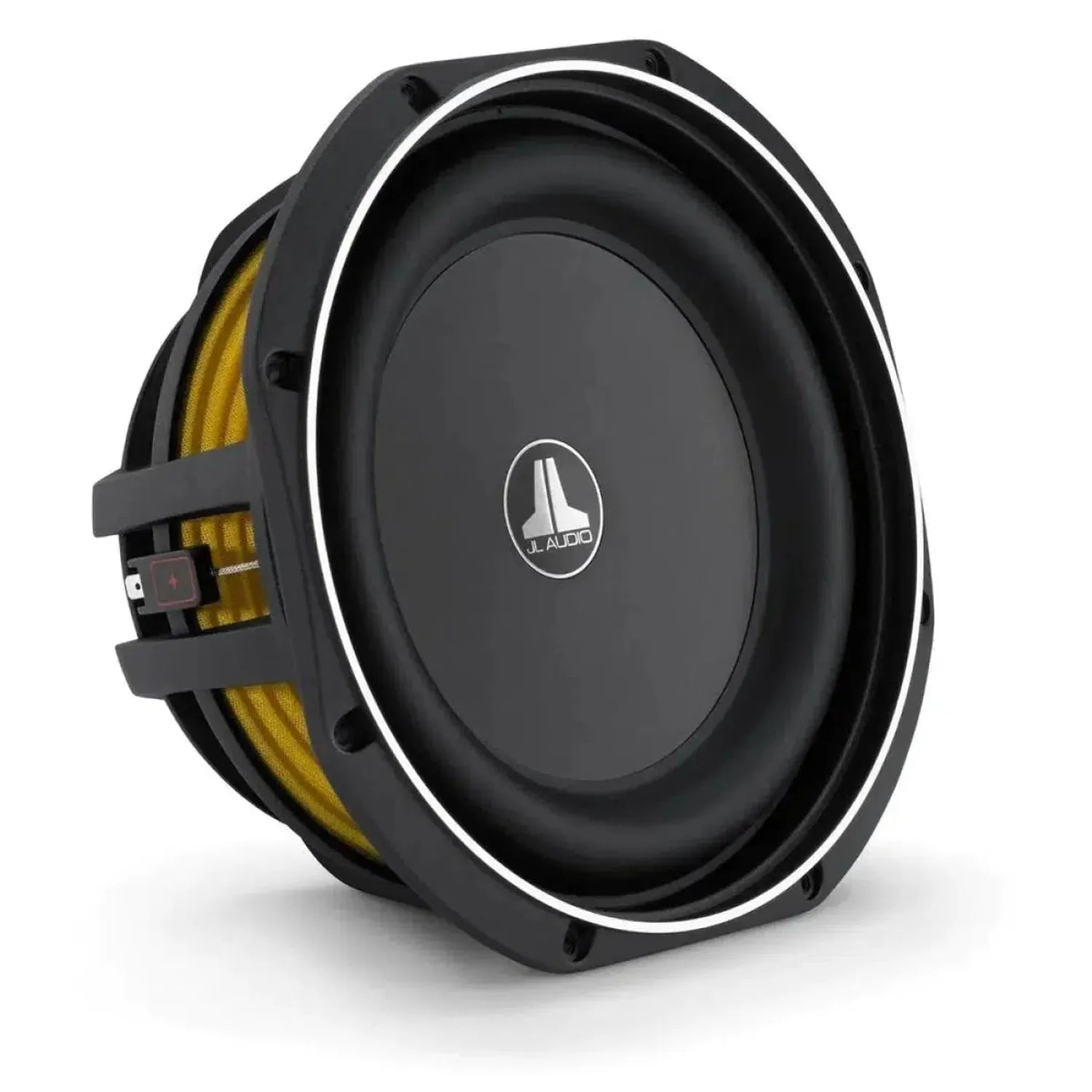 The JL Audio 10TW1-2 is a black 10-inch subwoofer with Thin-Line tech, round silver trim, yellow cone suspension, and JL Audio logo on white.
