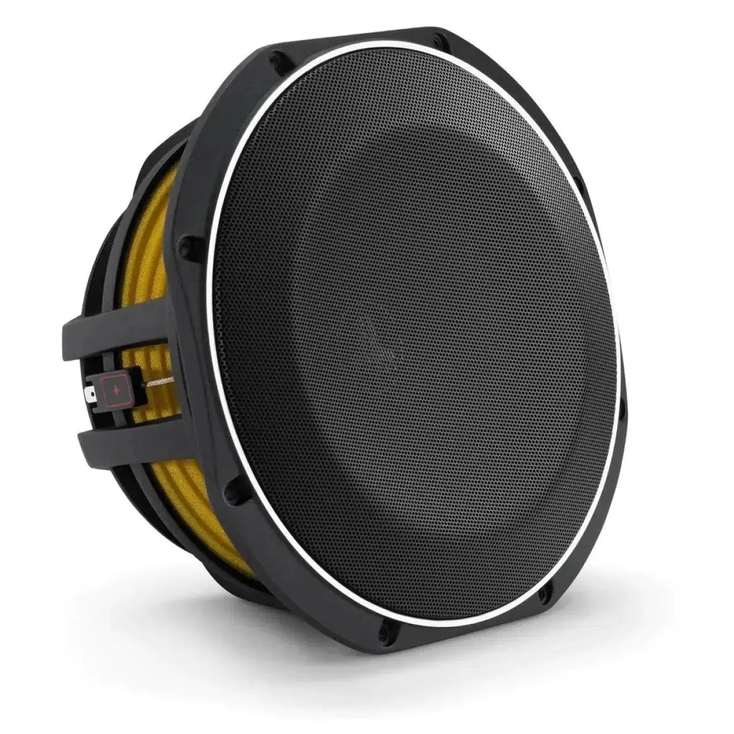 The JL Audio 10TW1-2 is a black round 10-inch subwoofer with a metal mesh grille, yellow cone, black frame, and Thin-Line Technology, shown on a white background.