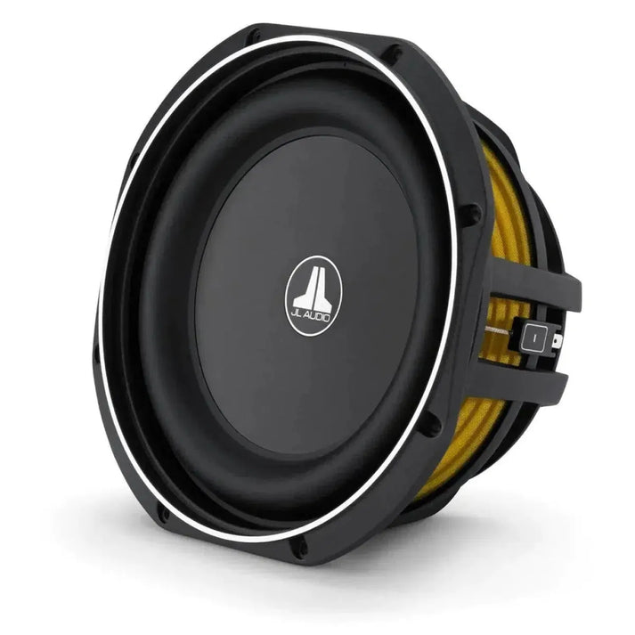 A black JL Audio 10TW1-2 10-inch subwoofer with Thin-Line technology, silver ring, yellow accents, and central logo on a white background.