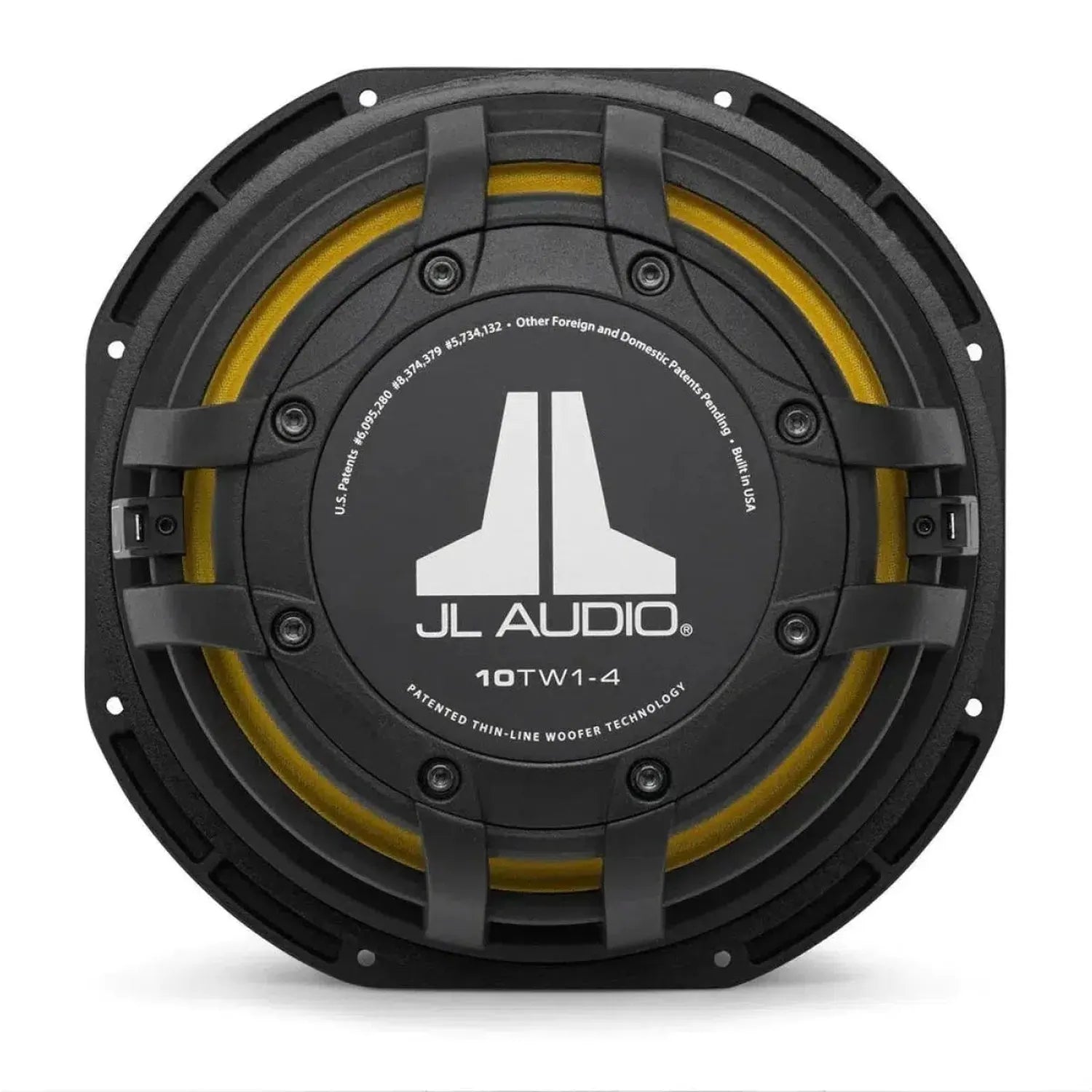 A close-up of a JL Audio 10TW1-4 subwoofer with a black and yellow design and the JL Audio logo on the center cap.