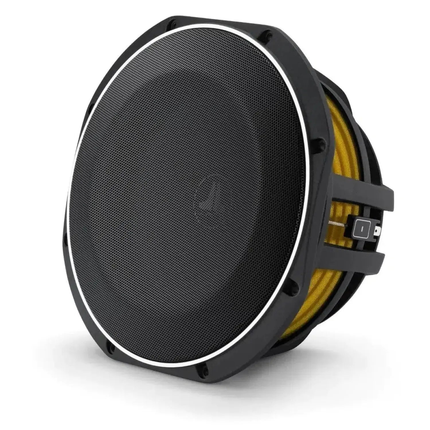 The JL Audio 10TW1-4 is a black round subwoofer with a mesh front, yellow cone, visible side components, and Thin-Line-Subwoofer-Tech against a white background.