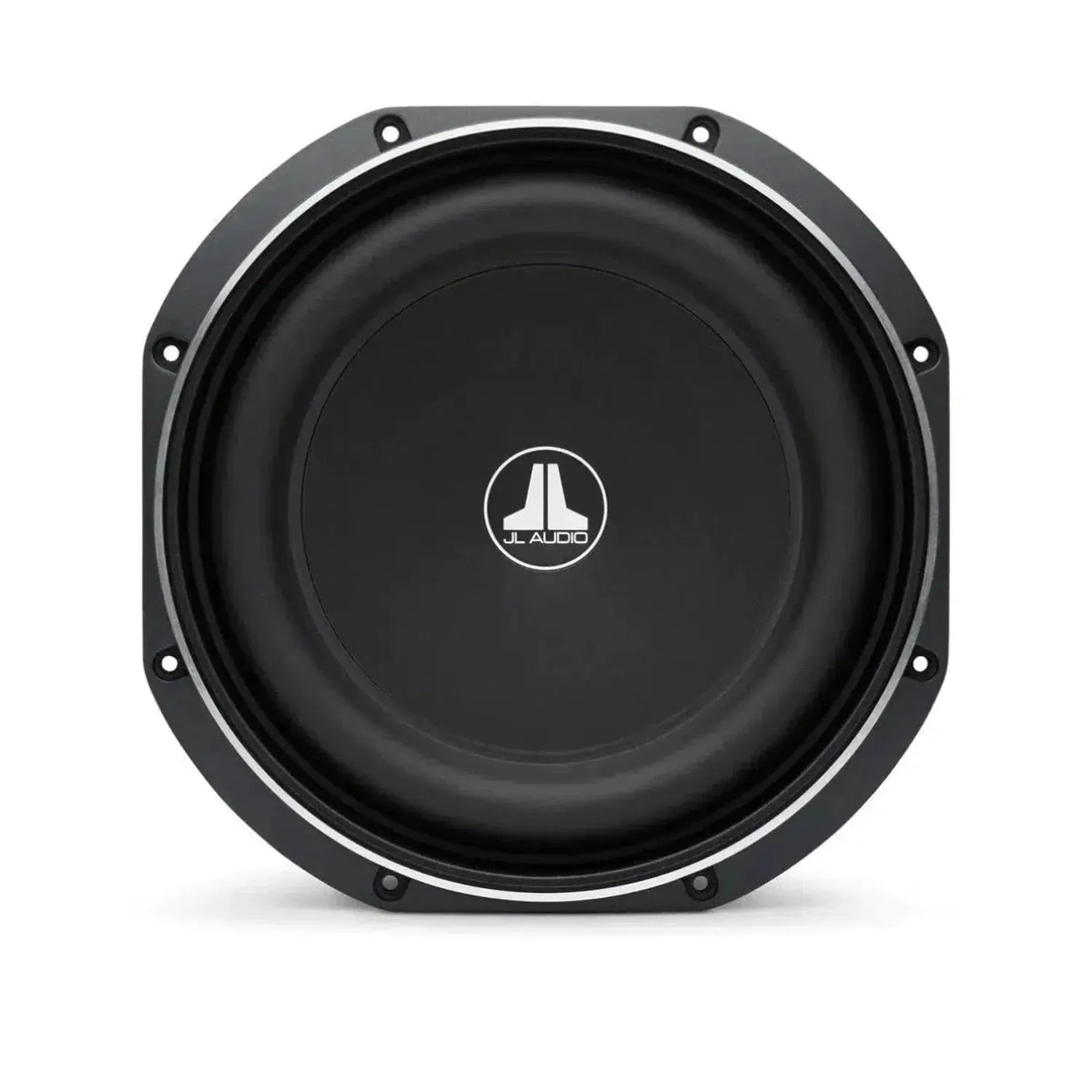 The JL Audio 10TW1-4 subwoofer features Thin-Line technology, a circular black design with silver trim and center logo, shown on a white background.