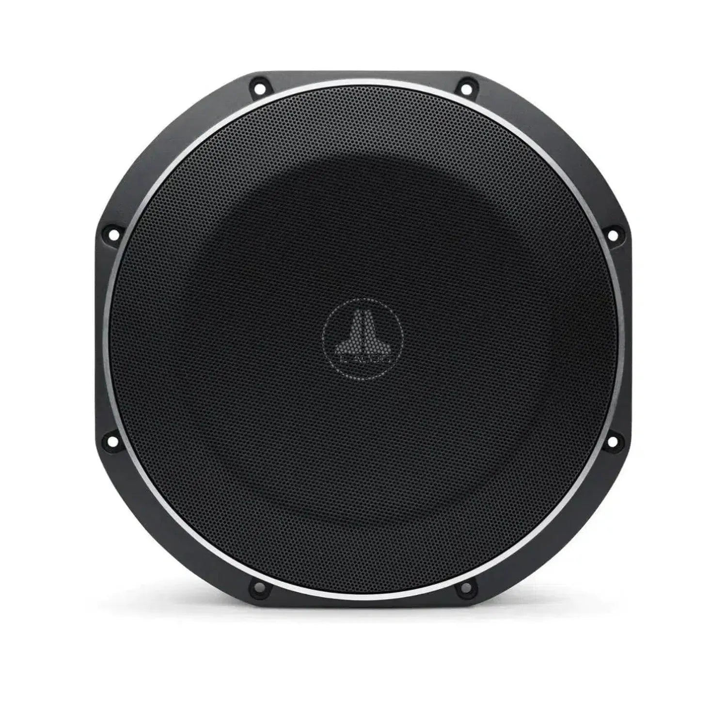 JL Audio 10TW1-4: Black round subwoofer with mesh grille, silver trim, and central logo, shown on a plain white background.