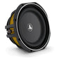 The JL Audio 10TW1-4 subwoofer features Thin-Line-Subwoofer-Technologie with a black finish, silver trim, and visible yellow suspension ring against a white background.