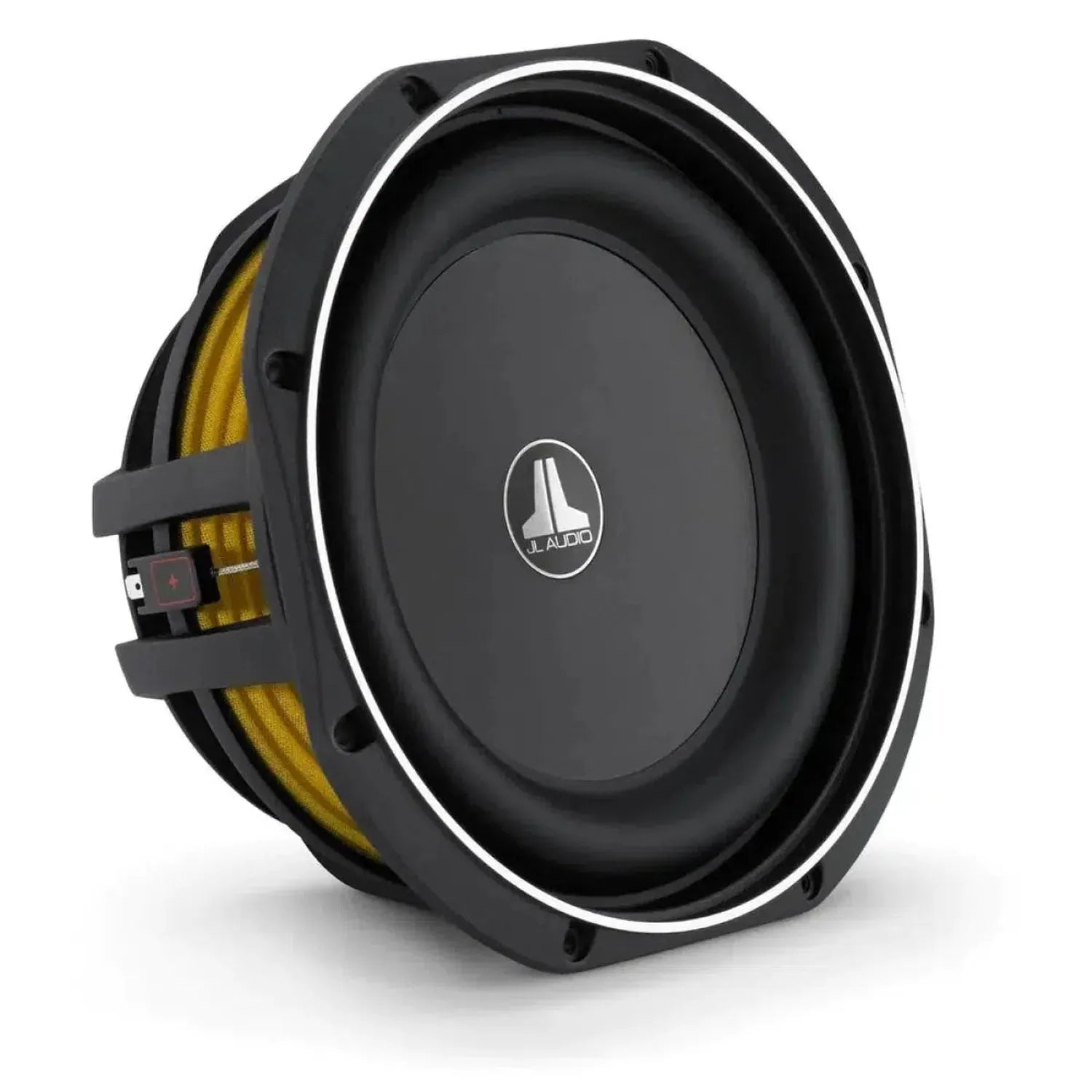 The JL Audio 10TW1-4 subwoofer features Thin-Line-Subwoofer-Technologie with a black finish, silver trim, and visible yellow suspension ring against a white background.
