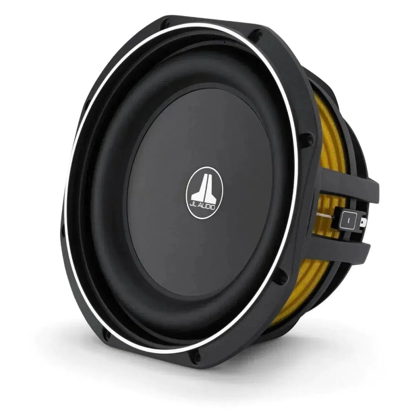 El subwoofer JL Audio 10TW1-4, con tecnología Thin-Line, diseño negro circular, suspensión amarilla y logotipo central, se muestra sobre fondo blanco.