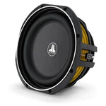 The JL Audio 10TW1-4 subwoofer, featuring Thin-Line technology, a circular black design, yellow suspension, and central logo, is shown on a white background.