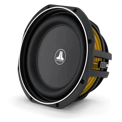 The JL Audio 10TW1-4 subwoofer, featuring Thin-Line technology, a circular black design, yellow suspension, and central logo, is shown on a white background.