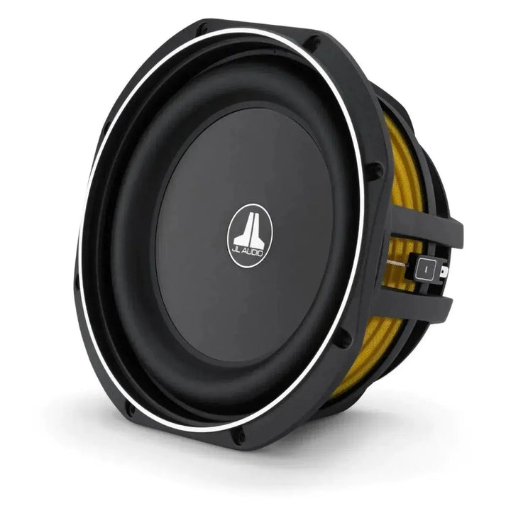 The JL Audio 10TW1-4 subwoofer, featuring Thin-Line technology, a circular black design, yellow suspension, and central logo, is shown on a white background.