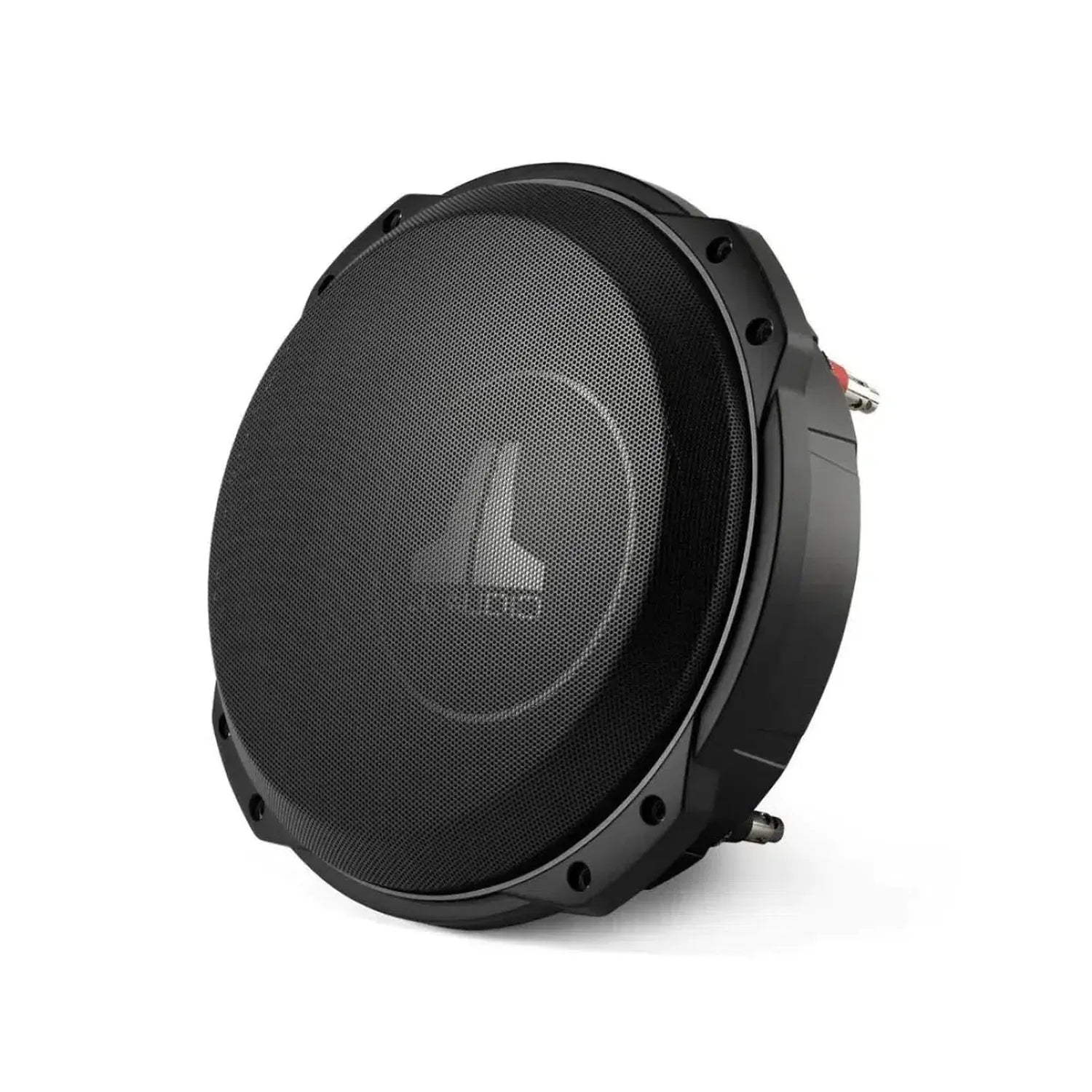 JL Audio 10TW3-D8 black round subwoofer, mesh grille, 400W RMS, geringe Einbautiefe, centered logo, isolated on white background.