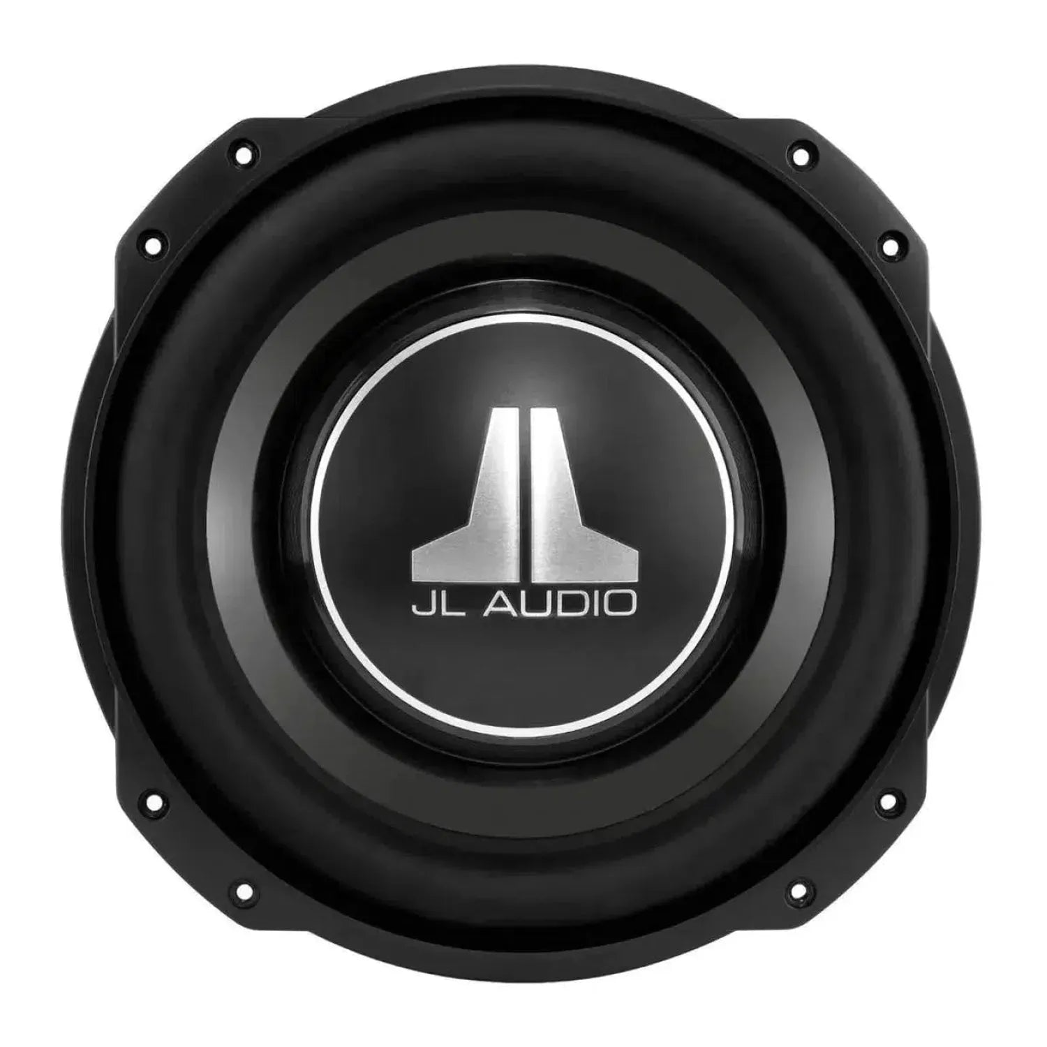 Close-up of the JL Audio 10TW3-D8 subwoofer, featuring a silver logo, 400 W RMS, geringe Einbautiefe, and a circular frame with mounting holes.