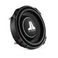 The JL Audio 10TW3-D8 is a black, round subwoofer with 400W RMS, silver accents, white logo, designed for geringe Einbautiefe, shown on a white background.