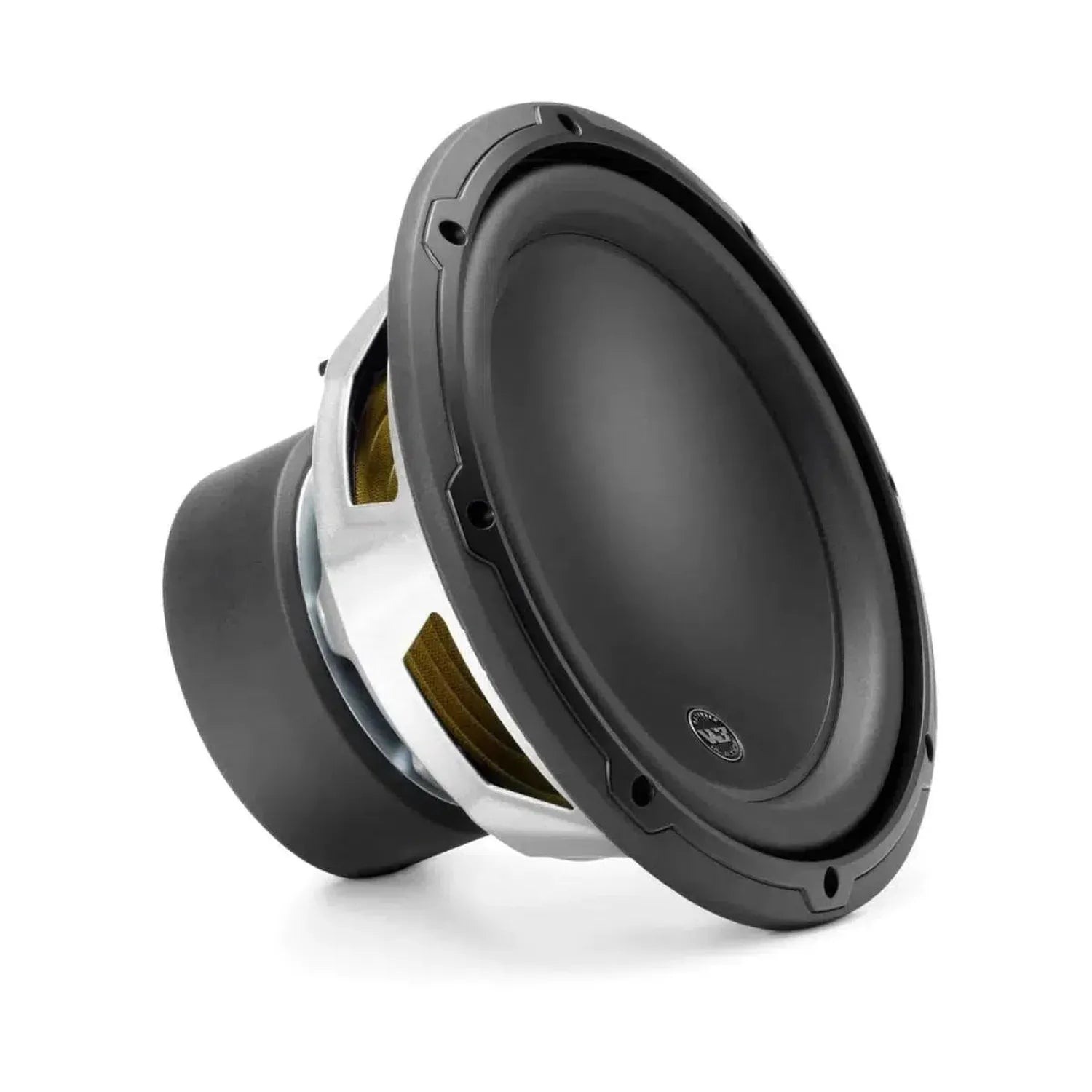 The JL Audio 10W3V3-2 subwoofer features a black and silver design with a round cone and sturdy frame, viewed at an angle on a white background.