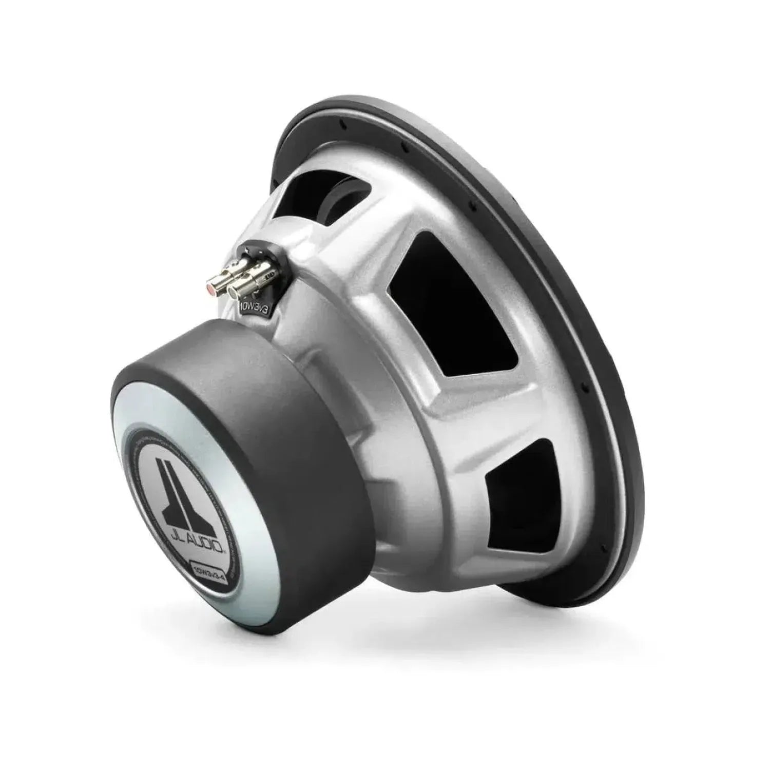 The JL Audio 10W3V3-2 subwoofer in silver and black, logo on back, shown angled on white—ideal as a 500W subwoofer for deep bass.